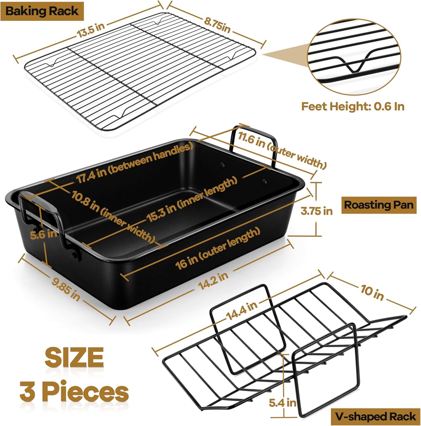 P&P CHEF 16" Roaster Roasting Pan with Baking Rack and V-shaped Rack, Stainless Steel Rectangular Lasagna Pan with Handles for Turkey Chicken, Healthy & Dishwasher Safe, 3 Pieces, Black