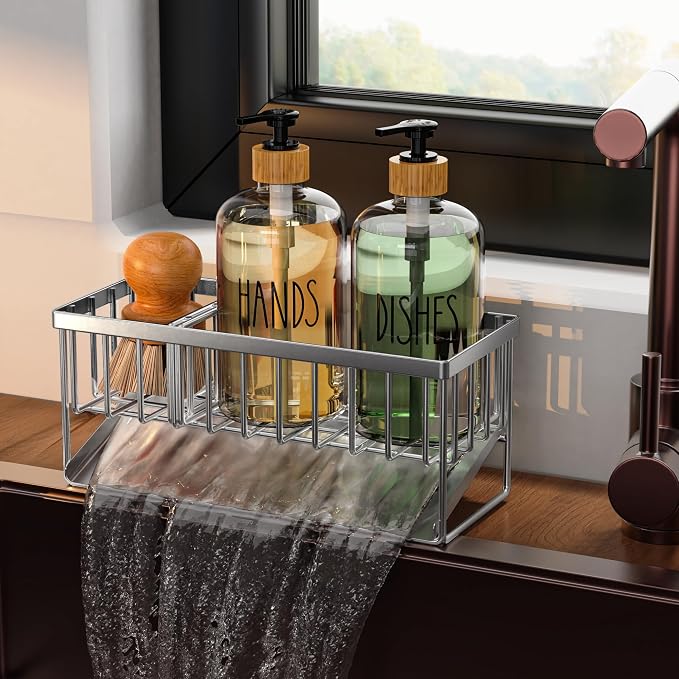 Cisily Kitchen Dish Soap Dispenser Set Stainless Steel Sponge Holder and 2 Pack - Image 9