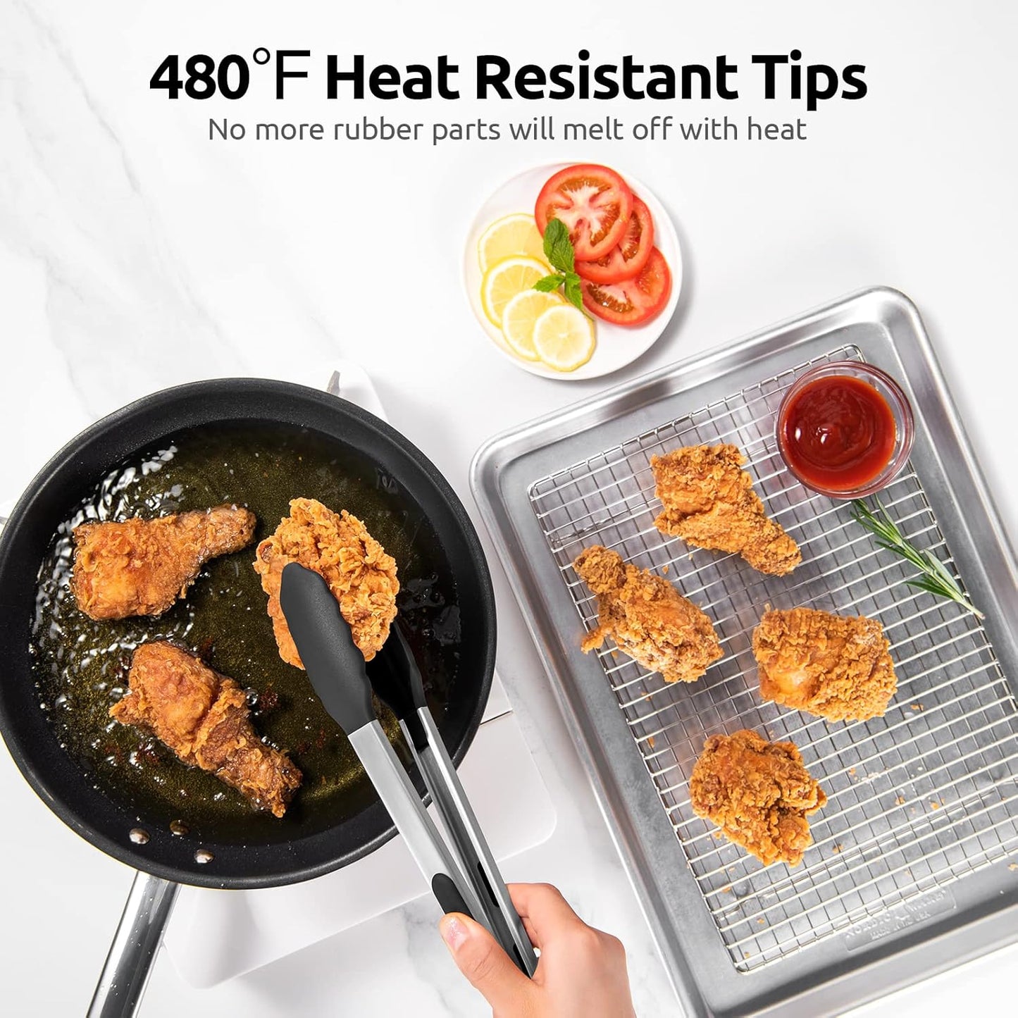 Heat Resistant Silicone Kitchen Tong: U-Taste 12 inch Large 480ºF Hot Proof Cooking Tong with Sturdy Non Stick Rubber Tips & Silicon Coated Steel Handle & Smooth Locking for Serving Grill Salad(Black)