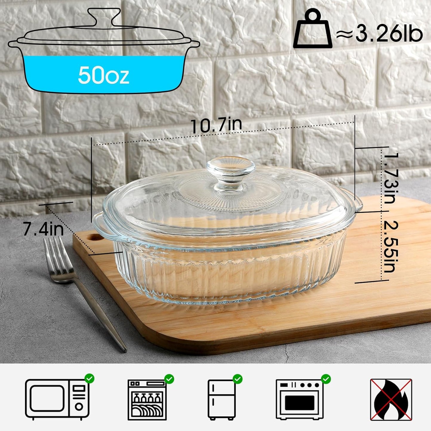 NUTRIUPS 1.9QT Oval Glass Casserole Dish with Glass Lid, Borosilicate Glass,Oval Casserole Dish for Oven, Baking Dish with Lid