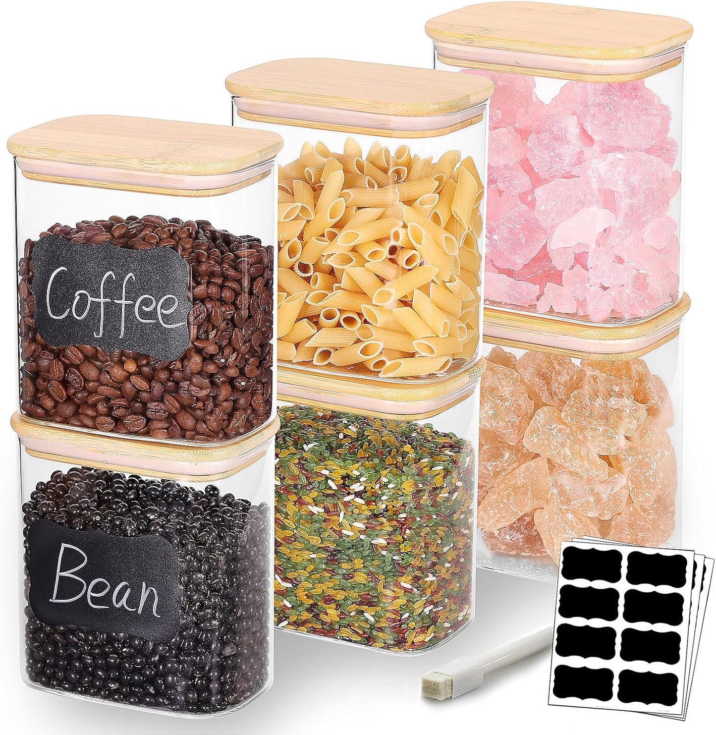 33OZ Airtight Glass Food Storage Containers with Lids - Set of 6 for Pantry, Cereal, Flour & Rice Dispensing - Rectangle Shapes with Bamboo Lids - Ideal for Kitchen Organization & Meal Prep