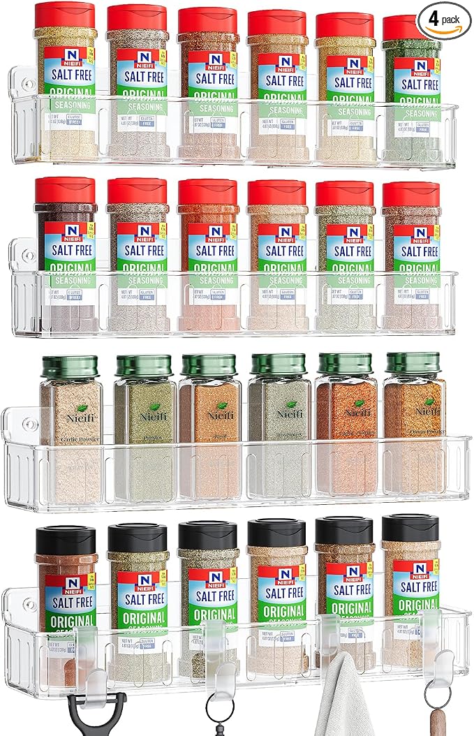 Nieifi Spice Rack Wall Mount, 4 Pack, Screw or Adhesive Installation, Spice by Nieifi