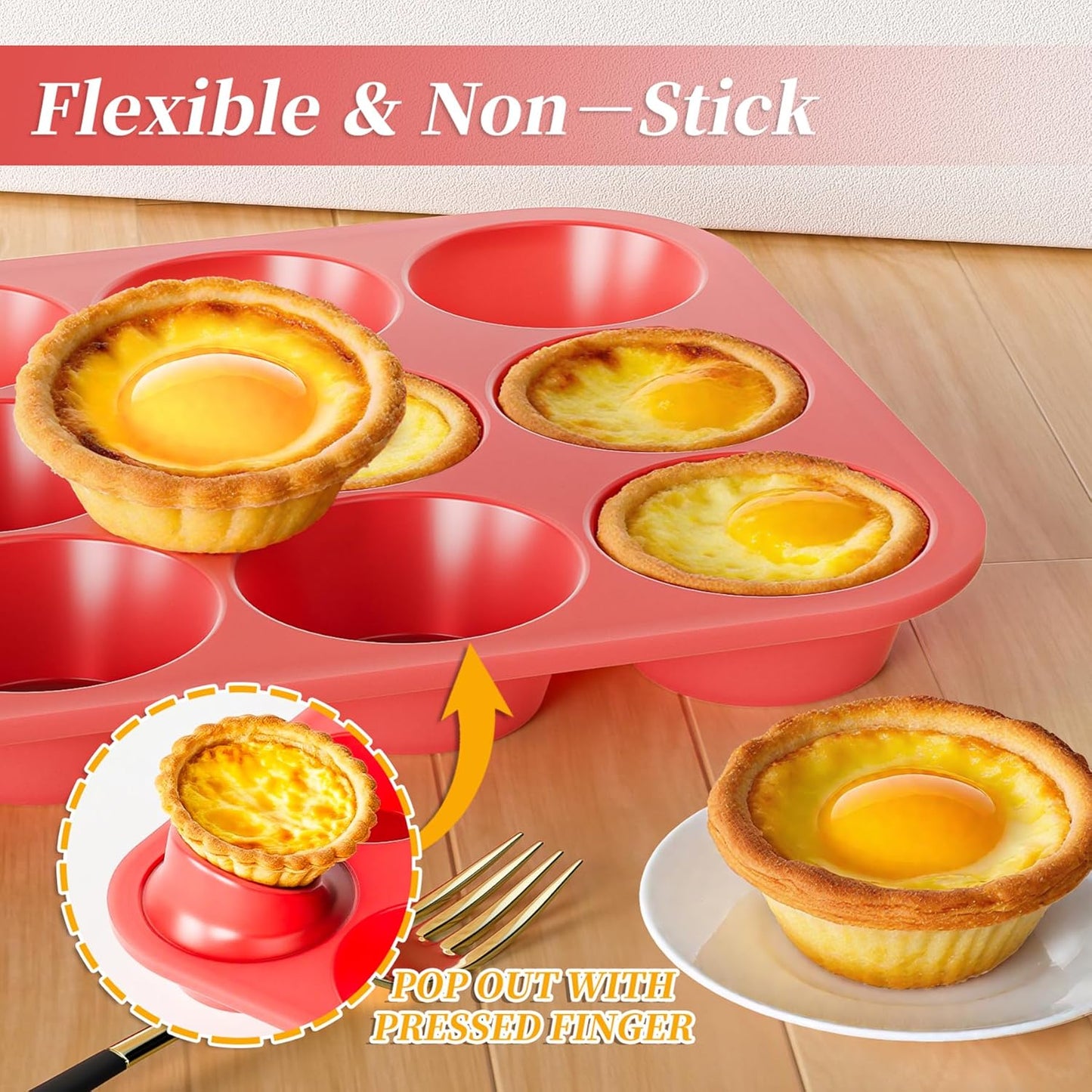 Bangp 12-Cup Silicone Muffin Pan with Metal Reinforced Frame,2 Pack Regular Size Cupcake Pan,Premium Non-Stick Bend Resistance Silicone Molds for Making Muffin,Cakes,Tart,Egg Bites (Red & Blue)