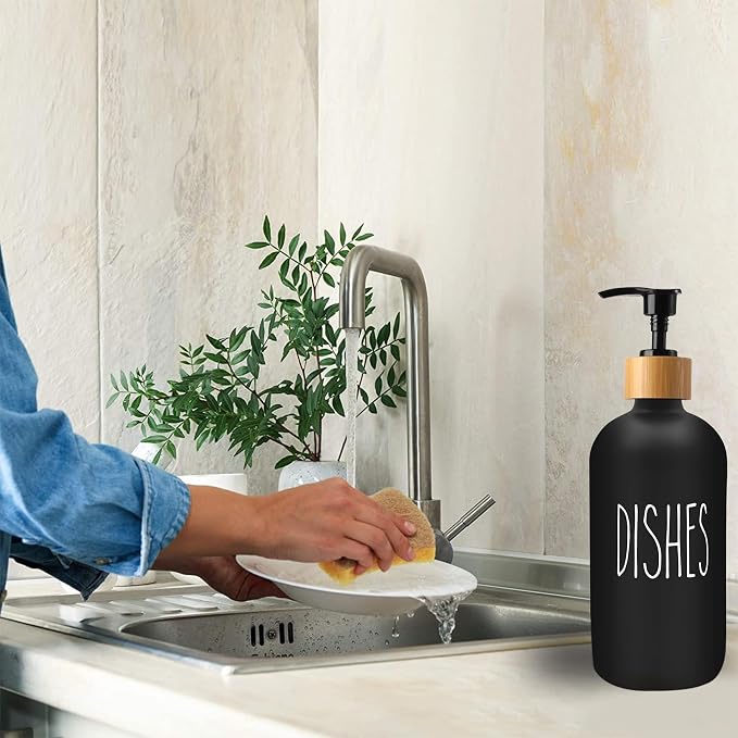 Sunrise Premium 16 OZ Thick White & Black Glass Soap Dispenser, Bamboo Pump - Image 4