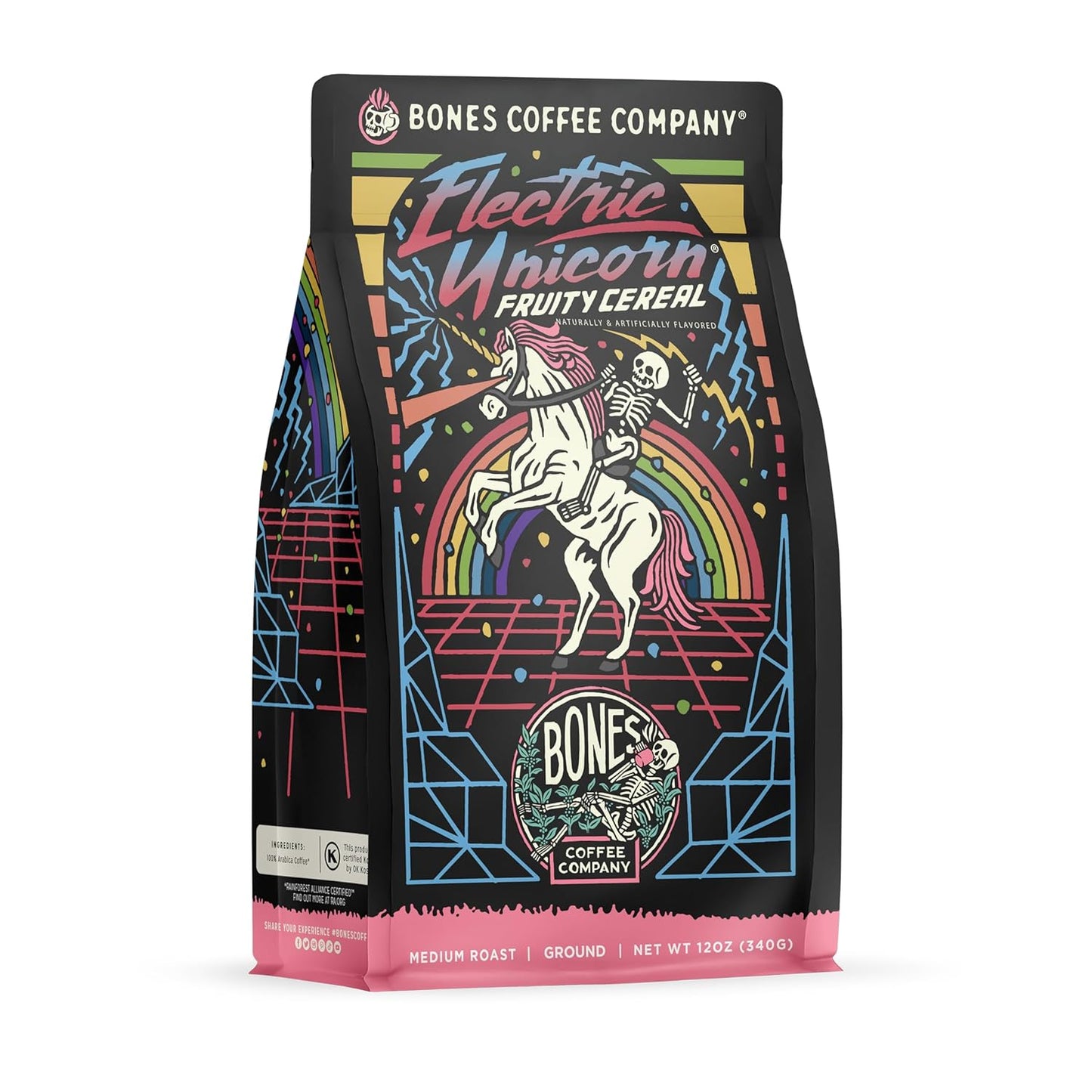 Bones Coffee Company Electric Unicorn, Fruity Cereal With Milk Flavored Coffee, Medium Roast Low Acid Arabica Beans Compatible with Auto drip and French Press Coffee Maker, 12 Oz Ground