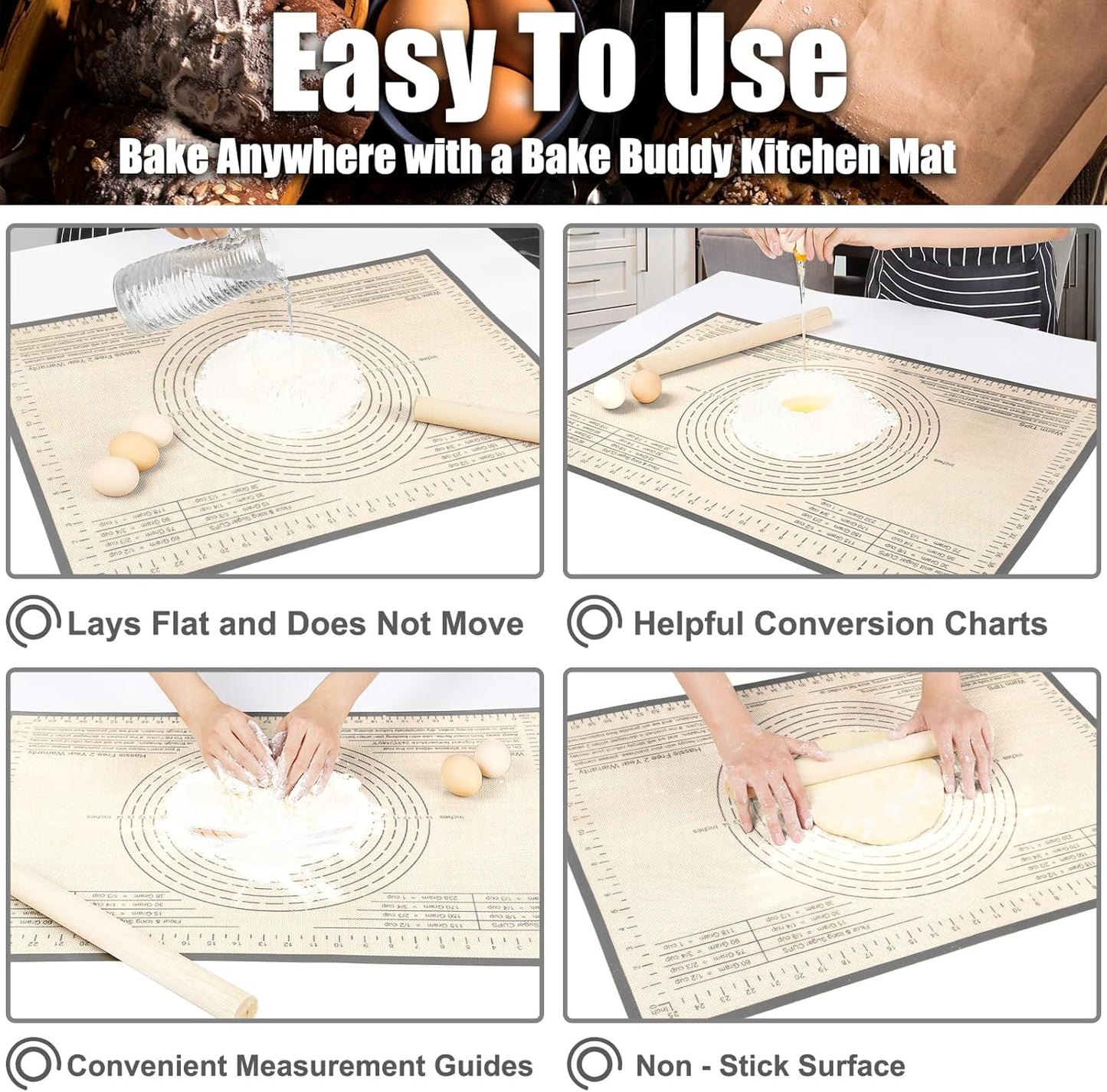 Non-slip Silicone Pastry Mat 36X24 inches Baking Mat with Measurement, Perfect for Dough, Pastry, Pie Crust, Fondant, Cookies, Bread, Pasta, Pizza, Food Grade Kitchen Counter Mats