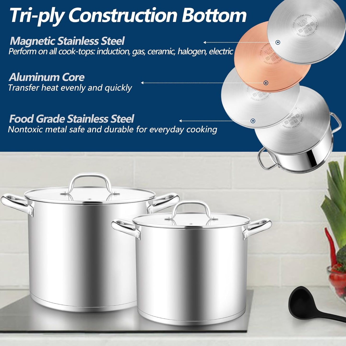 E-far 10 Quart Pot, Stainless Steel Stock Cooking Pot with Glass Lid for Soup Canning Stewing Simmering, Heavy Duty Large Cookware with Triply Base for Induction Gas Ceramic Stoves, Dishwasher Safe