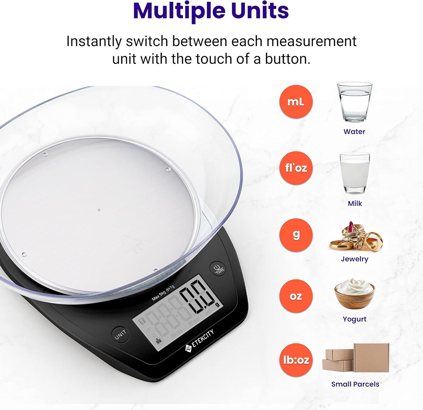 Etekcity 0.1g Food Scale, Bowl, Digital Grams and Ounces for Weight Loss, Dieting, Baking, Cooking, and Meal Prep, 11lb/5kg, Stainless Steel Black