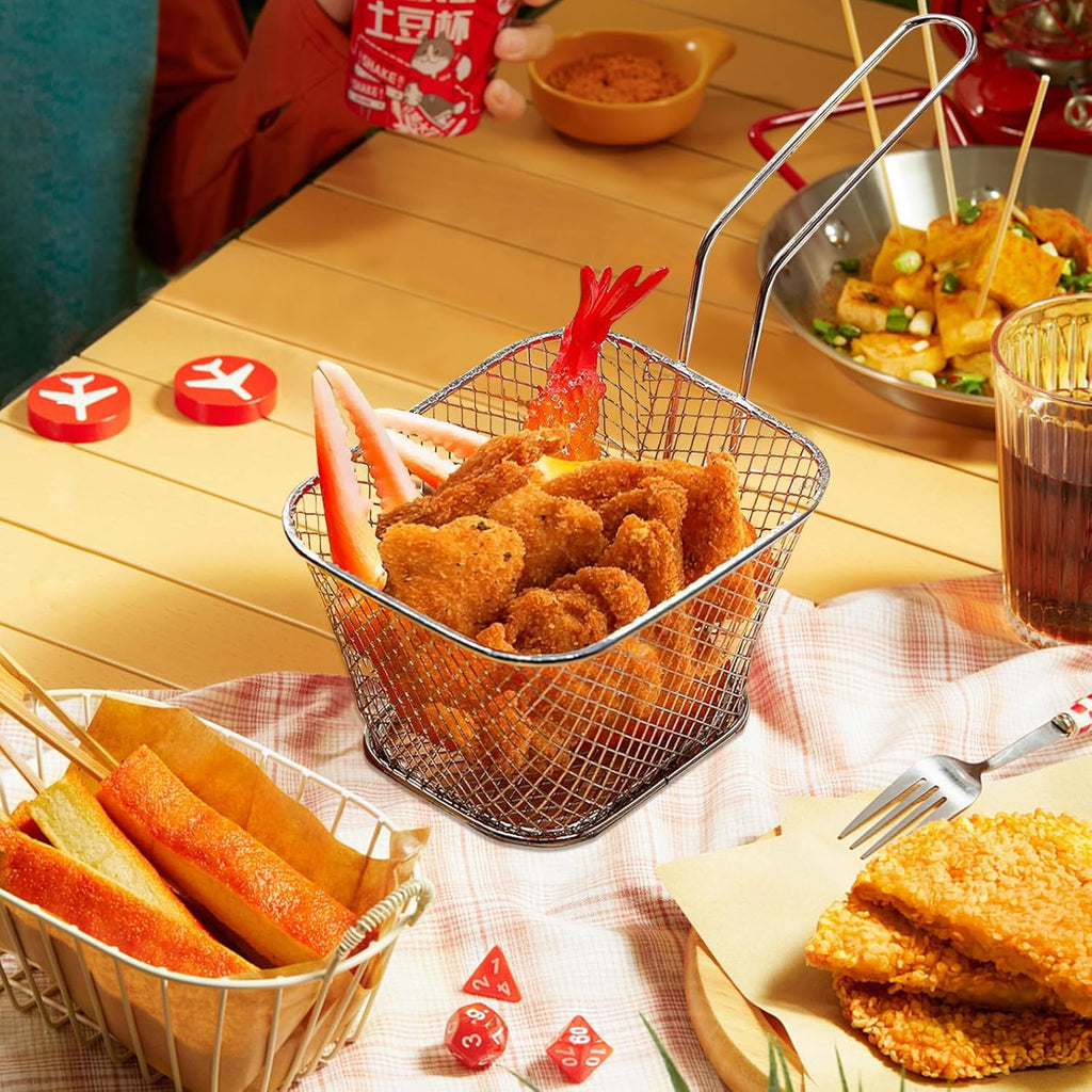 8 Pcs Mini Square Fry Baskets, 4.13×3.3×2.5inch Stainless Steel Fry Basket with Handle Steel French Fry Chip Basket French Fries Desk Food Presentation Mesh Basket Kitchen Cooking Tool