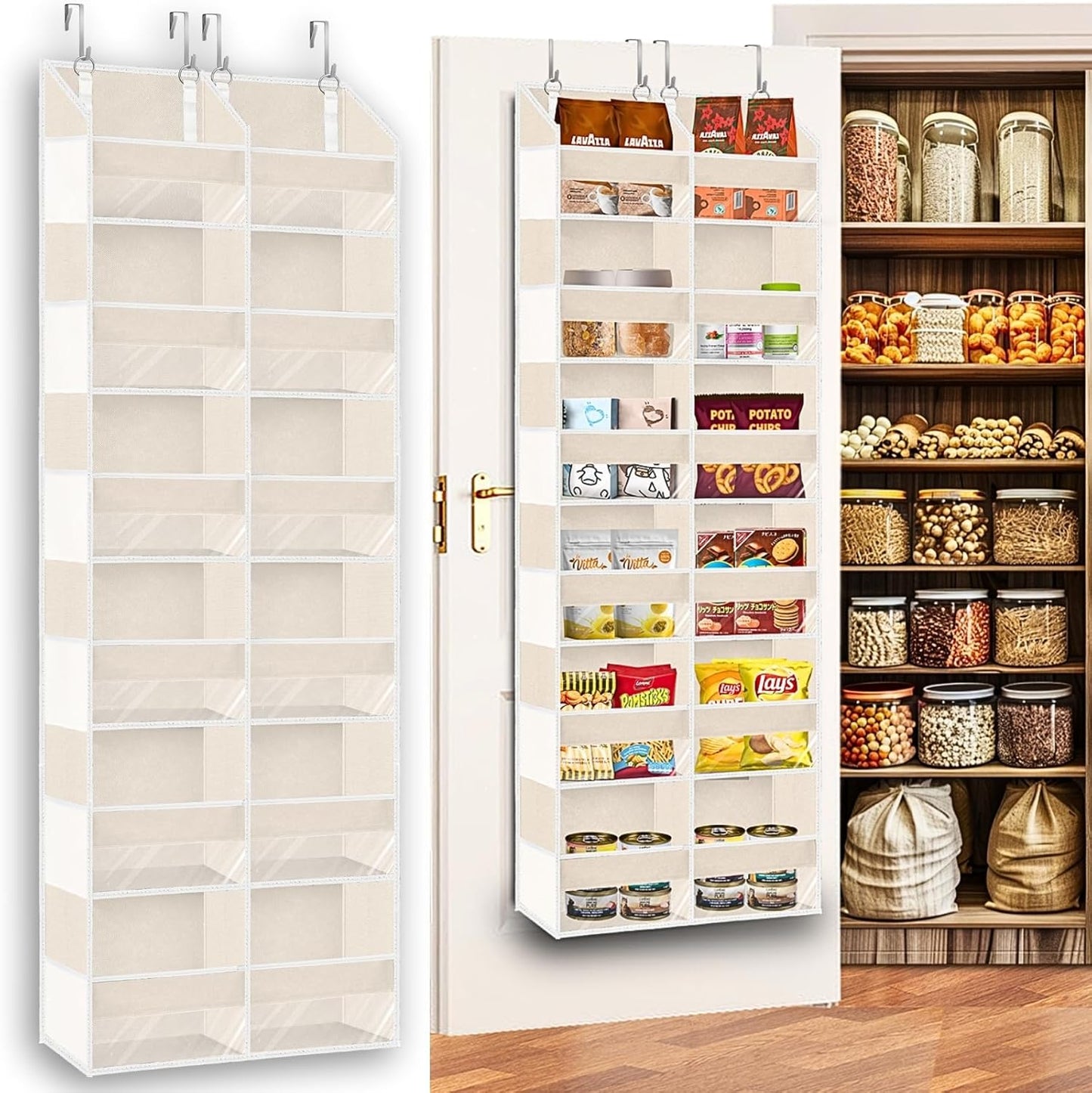 Over the Door Organizer 6 Tiers, Extra Large Behind Door Storage of 12 Compartments,80 lbs Weight Capacity Hanging Storage Organizer with Clear Window Kids Toys, Shoes, Diapers,Beige