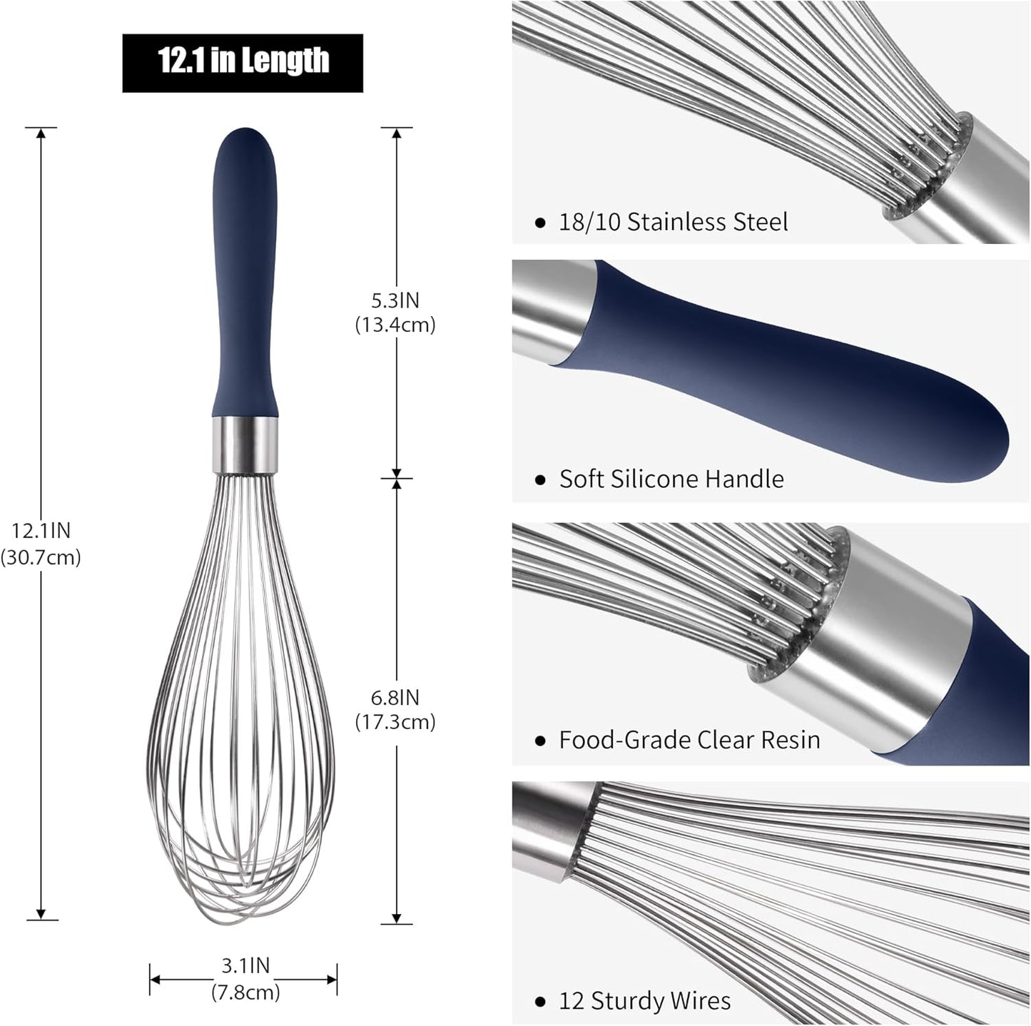 18/8 Stainless Steel Balloon Whisk, Doosu Kitchen Whisk for Cooking Handheld Egg Beater with Rust-Proof Sturdy Wires & Non-Slip Silicone Handle for Beating, Stirring, Blending (12 Wires, Navy Blue)