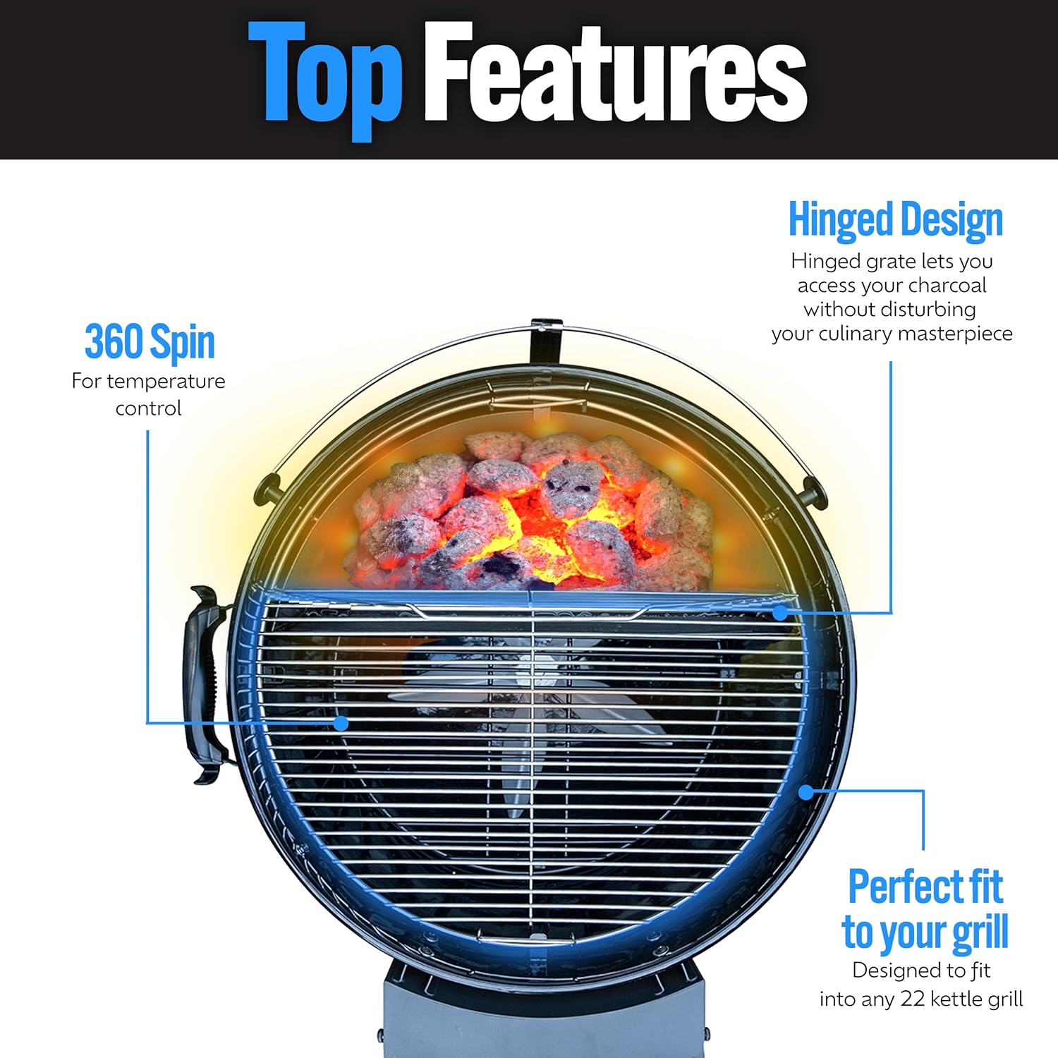 SnS Grills EasySpin Charcoal Grill Cooking Grate, 304 Stainless Steel, Large Hinged Opening, Perfect for 2-Zone Cooking, Replacement Grate Compatible with Weber & Other Grills - Fits 22” Kettles