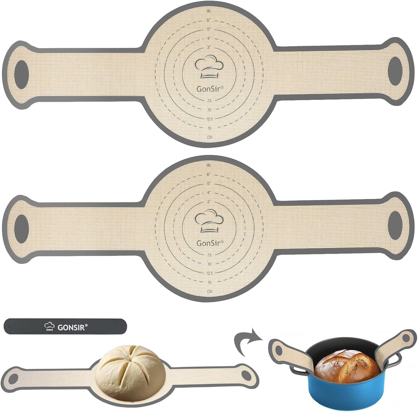 Silicone Bread Sling, 2 Pcs Non-Stick & Easy Clean Dutch Oven Baking Mat with Longer Handles, Silicone Baking Sling to Transfer SourDough Easily, Reusable Bread Mat Set with Storage Bracelets