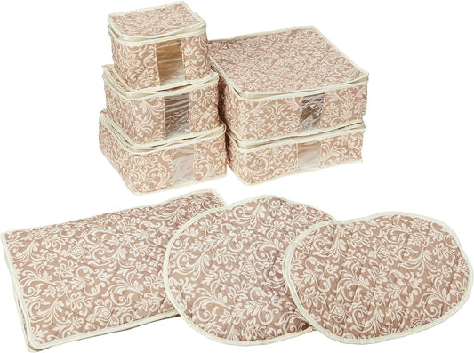 8-Piece Storage Containers Set – China, Beige, Quilted, Stackable Dish & Plate Protectors – Glass & Dinnerware Organizer Lids – Kitchen Storage for Meal, Tupperware, Glass Containers & Food Storage