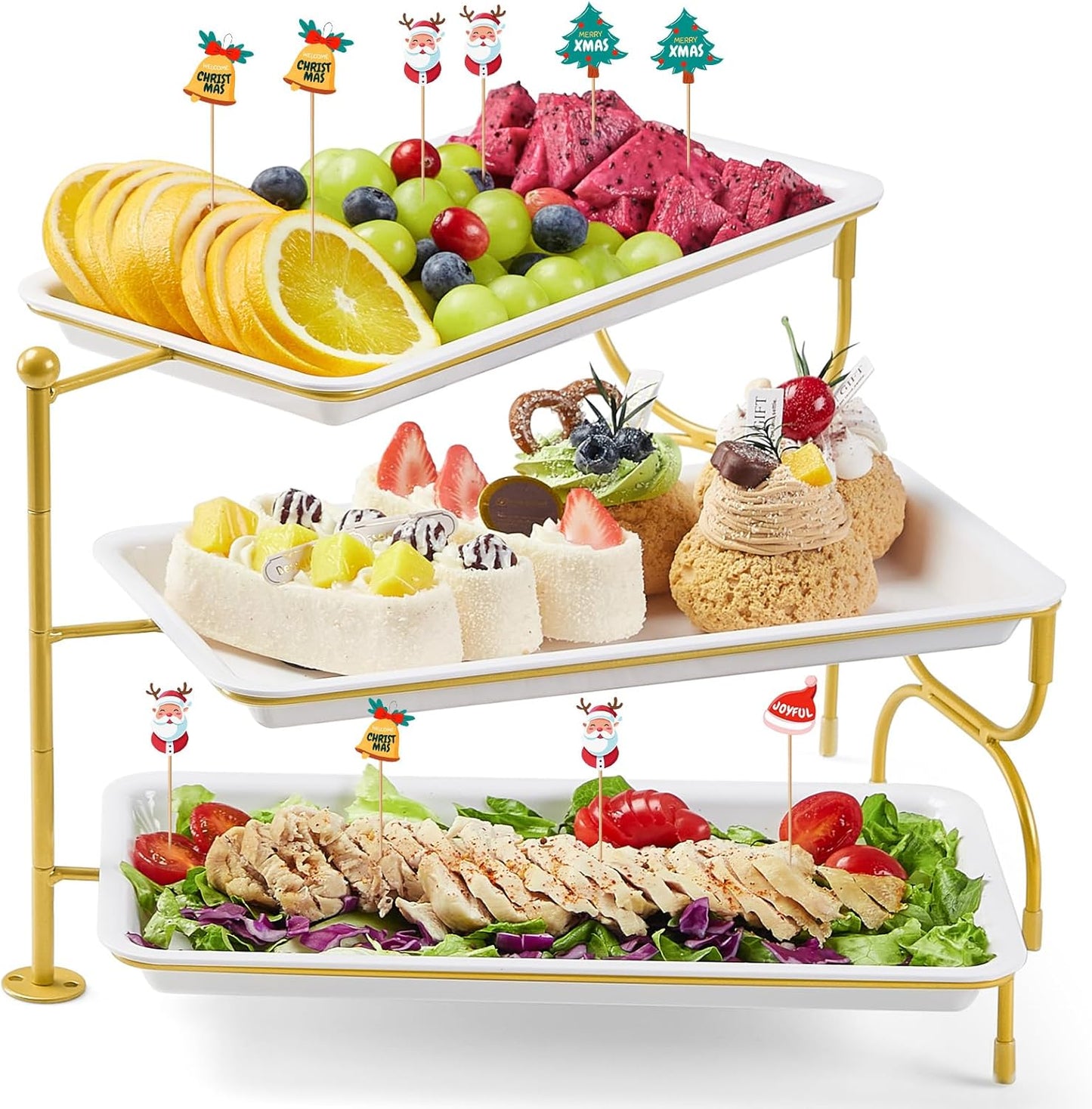 Lifewit 3 Tiered Tray Stand for Party Entertaining, 12"×6.5" Serving Platters and Trays, Reusable Plastic Trays with Stable Gold Mental Stand for Veggie, Fruit, Cookies, Dessert