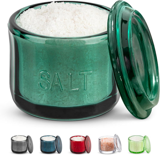 KooK Glass Salt Cellar, with Lid, Embossed Pressed Glass, Clear Storage Container, for Coffee, Sugar, Spices and Candies, 10 oz (Emerald Green)