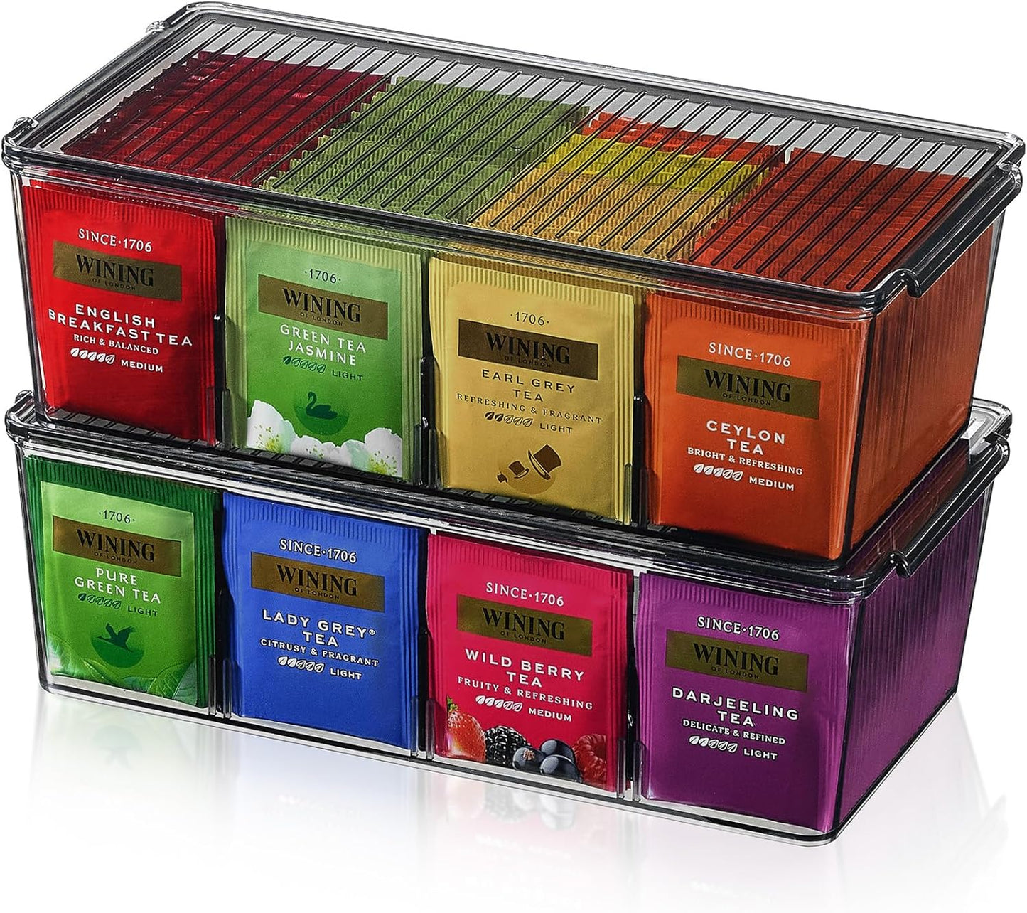 Lifewit Plastic Black Tea Bag Organizer, Divided Storage Bin Box with 8 Compartments, Holds Coffee Pods, Sugar Packets, Condiments, Snacks for Countertop, Cabinet, 2 Pack