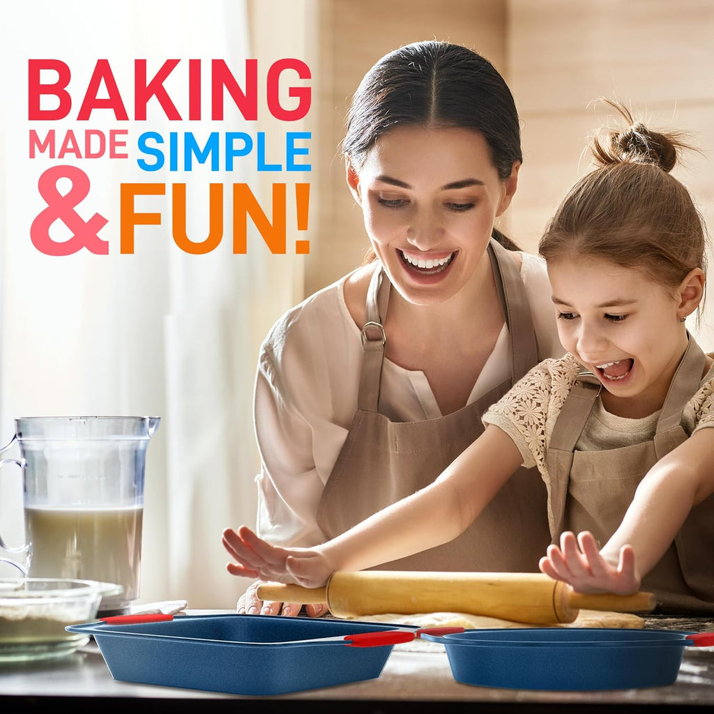 NutriChef 10-Piece Nonstick Bakeware Set - Premium Carbon Steel Baking Pans w/Silicone Handles - Includes Pizza Tray, 12 & 24 Cup Muffin Pans, Cookie Sheets, Round & Square Pans, Loaf Pan - Blue