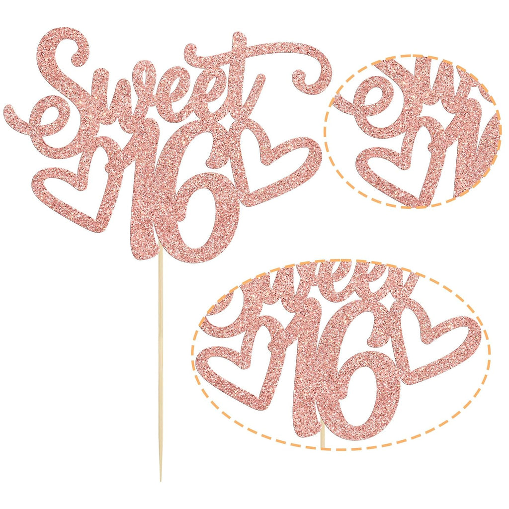 Gyufise 1Pc Sweet Teenager 16 Cake Topper Glitter 16th Birthday Cake Pick for Cheers to 16 Years Old 16th Birthday Party Cake Decorations Supplies Rose Gold