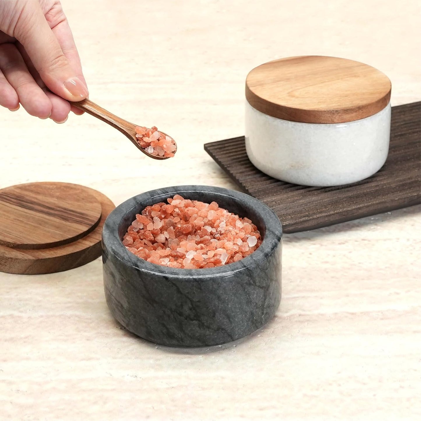 Marble Salt Cellar with Acacia Wood Lid and Spoon – 4-inch Salt Box with Spoon Slot, Kitchen Spice Container for Salt, Sugar, or Spices (White)