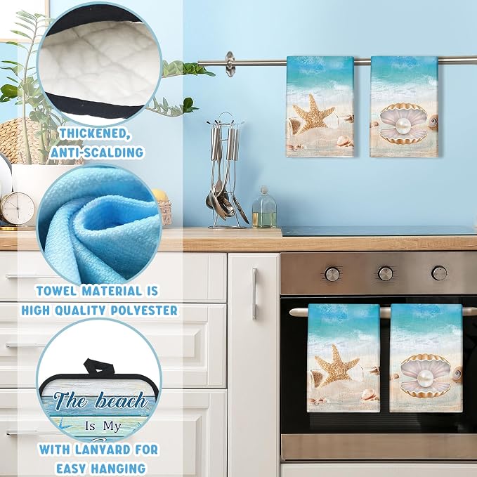 6 Pcs Summer Beach Kitchen Towels Pot Holders and Oven Mitts Set Include - Image 3
