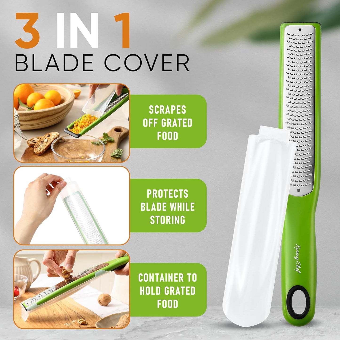 Spring Chef Premium Lemon Zester Grater with Handle - Orange, Garlic, Ginger, Nutmeg, Cheese Grater- Handheld Sharp Kitchen Tool - Stainless Steel Citrus Zester with Blade Cover - Fine Shred, Green