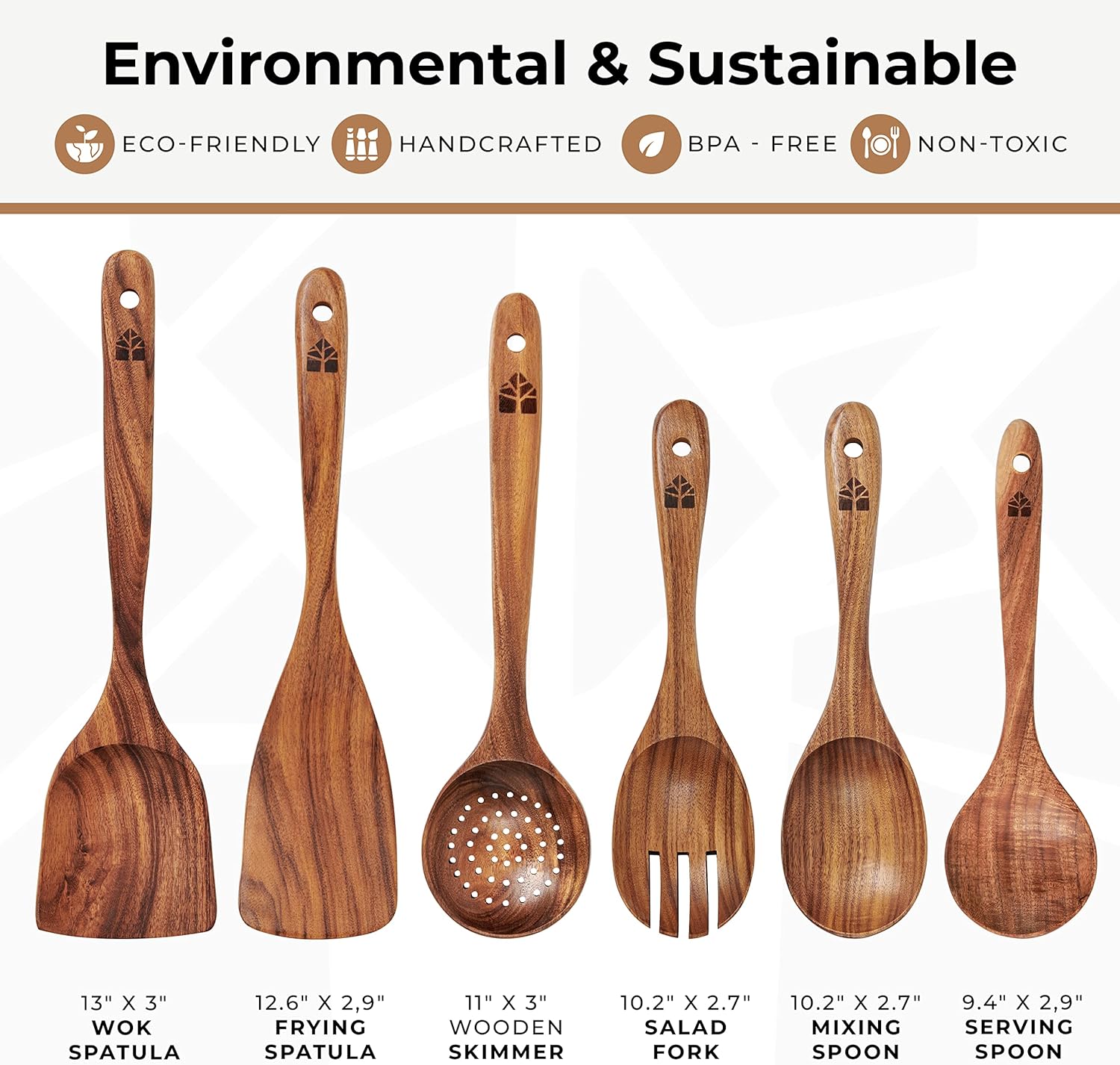 Wooden Spoons for Cooking – Wooden Kitchen Utensils Set, 6 Pcs Teak Wood Utensil Set – Comfortable Grip Non–Stick Wooden Cooking Utensils