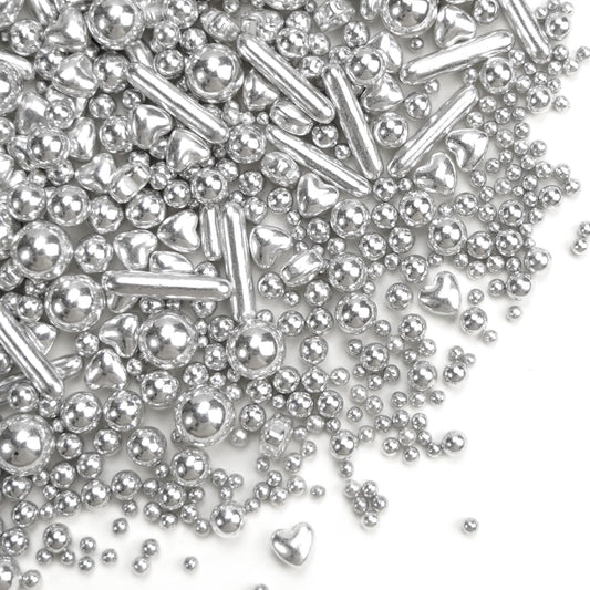 Dazzjoy Edible Silver Pearl Heart Rods Sprinkles, 130g/4.58oz, Mix Size, Silver Pearl Sprinkles for cupcake decorating, Cupcake Toppers Cake Decorations