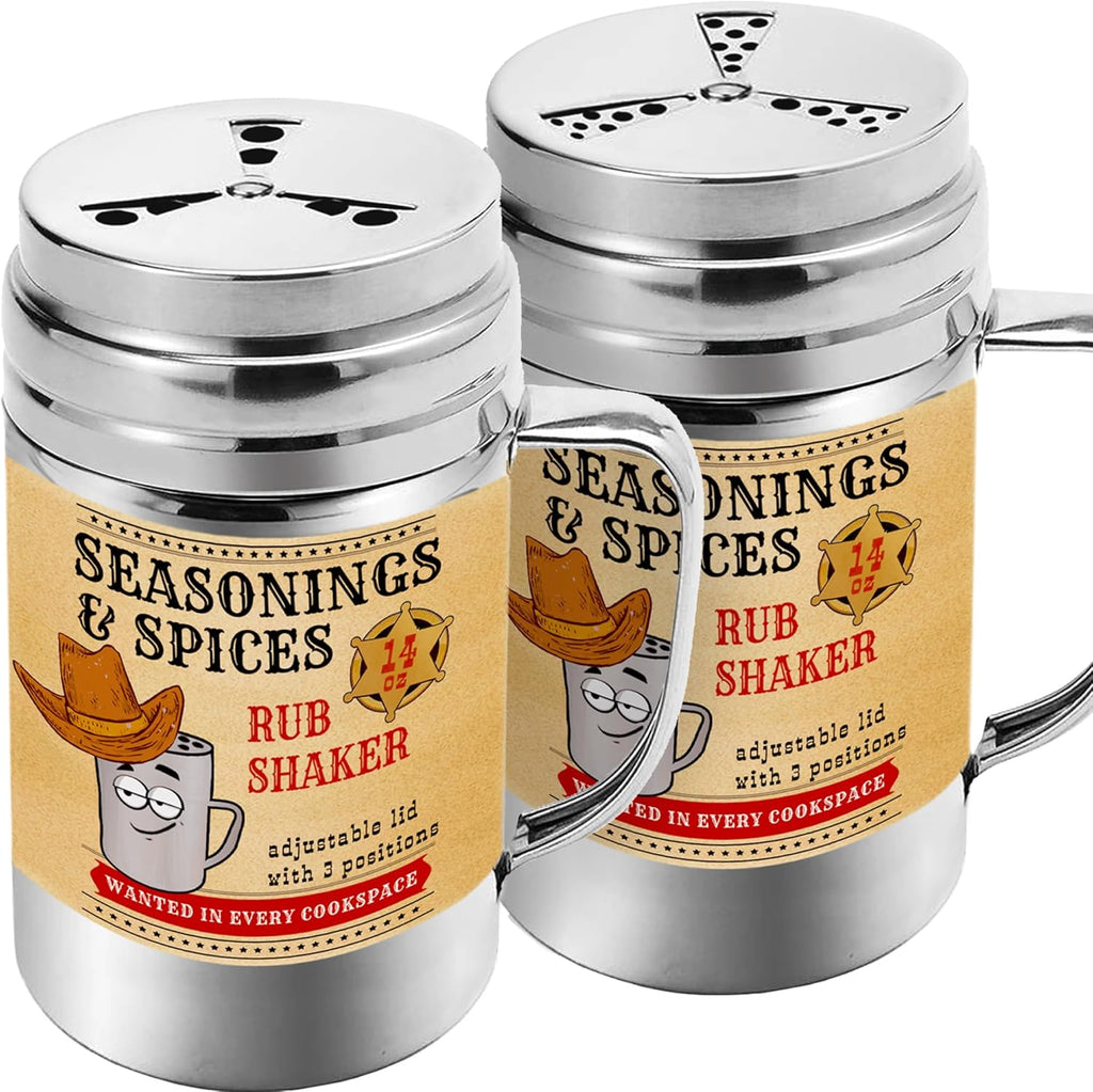 CUSINIUM [Pack of 2] 14 oz Seasonings Spice Shakers - BBQ Dry Rub Shakers - Cooking Dredge with Adjustable Fan-Style Lid and Handles