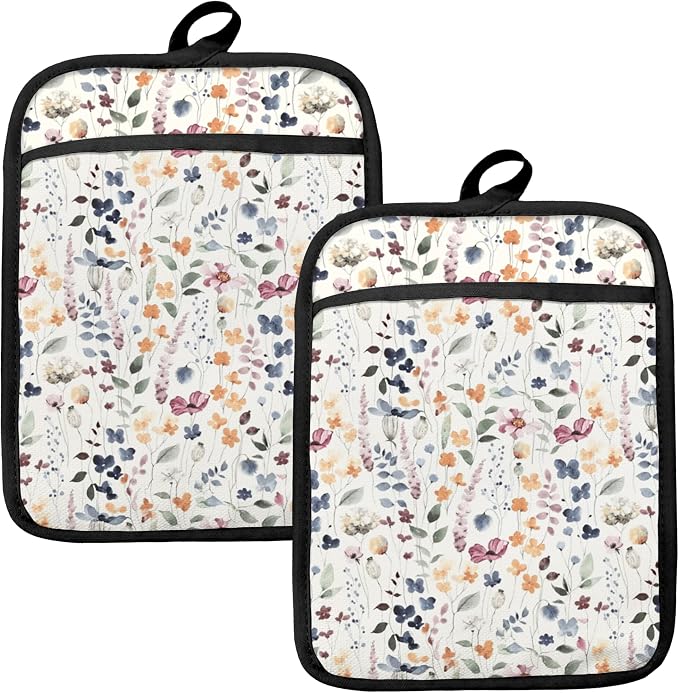 Vintage Floral Oven Mitts Set, Colorful Wildflowers Floral Heat Resistant by HUGANE