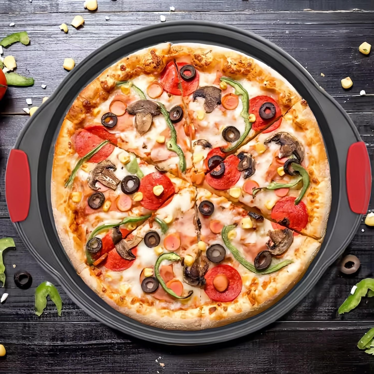 13 Inch Pizza Pan for Oven, Round Pizza Pan with Holes - Non-Stick Carbon Steel Pizza Tray with Silicone Handles - for Cooking, Baking, and Grilling - Dishwasher Safe