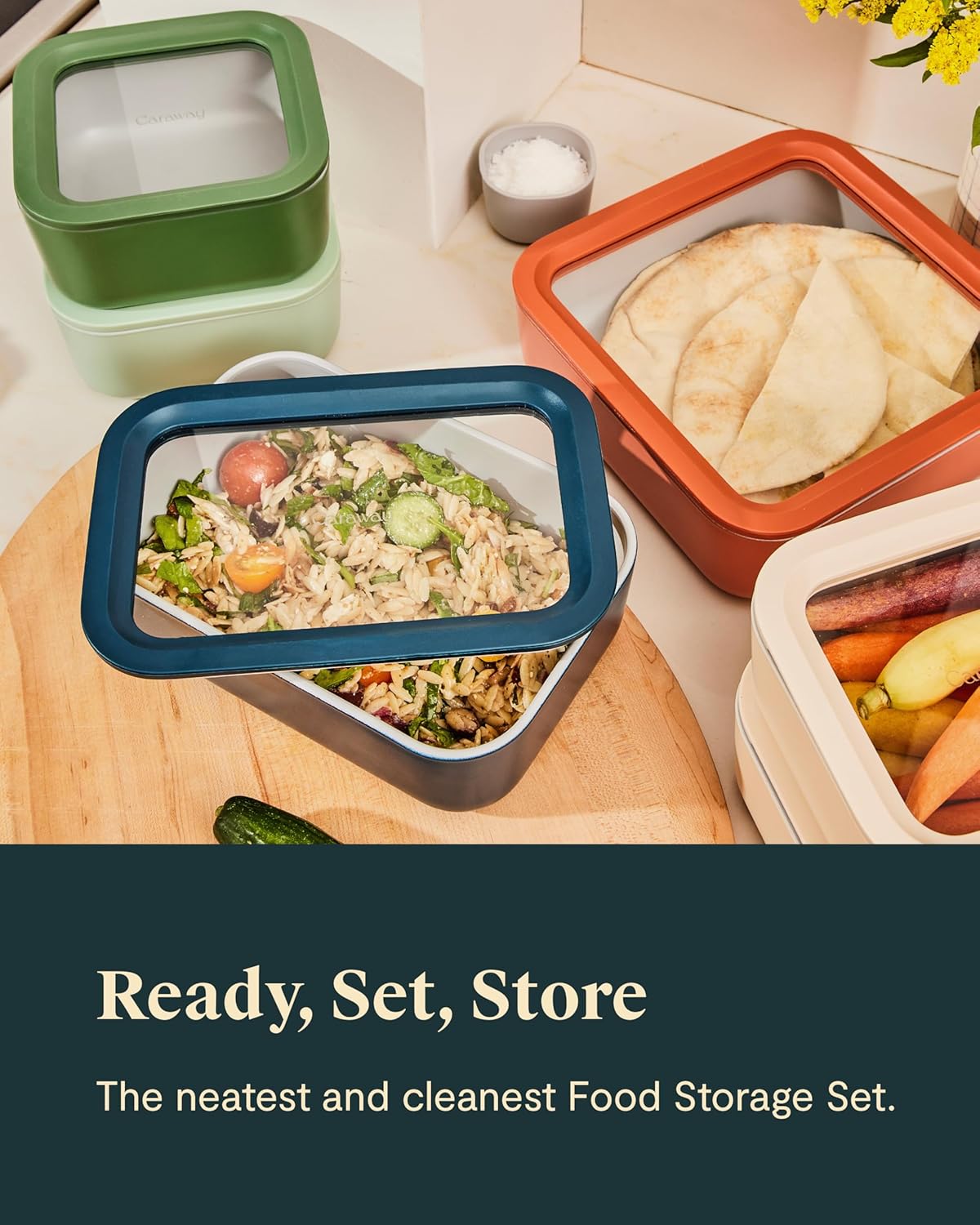 Caraway 14pc Glass Food Storage Container Set - Easy to Store, Non Toxic Lunch Box - with Glass Lids - Includes Storage Organizer & Dot & Dash Inserts - Gray
