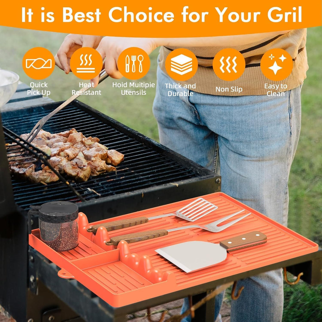 Griddle Mat Compatible with Blackstone, Silicone Grill Tools with Drip Pad, Spatula Mat for Outdoor Grill, Side Shelf Pad (Orange-2Pcs)