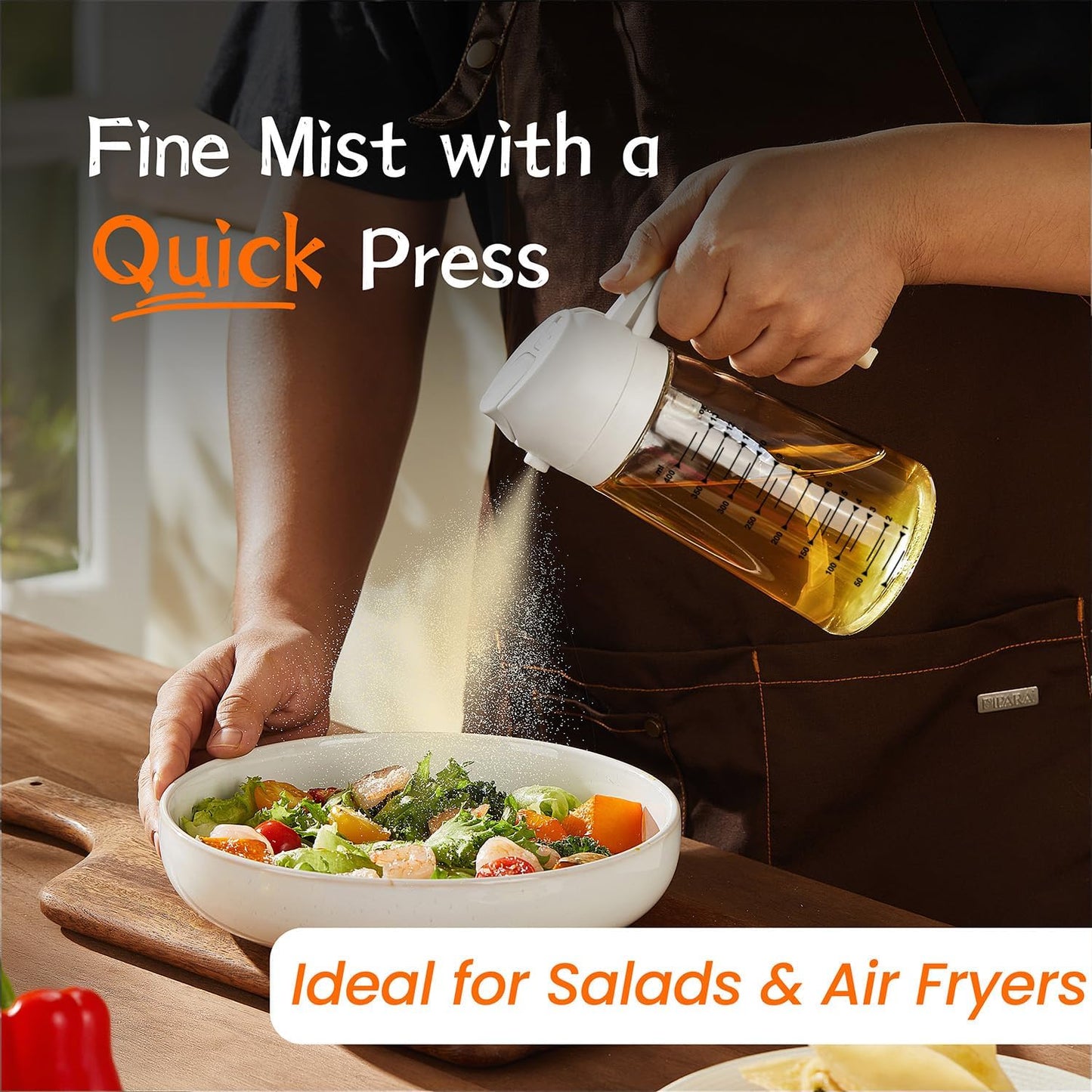 TrendPlain 16oz/470ml Glass Olive Oil Sprayer for Cooking – 2 in 1 Olive Oil Dispenser Bottle for Kitchen Gadgets and Air Fryer Accessories, Salad, BBQ - White & Green