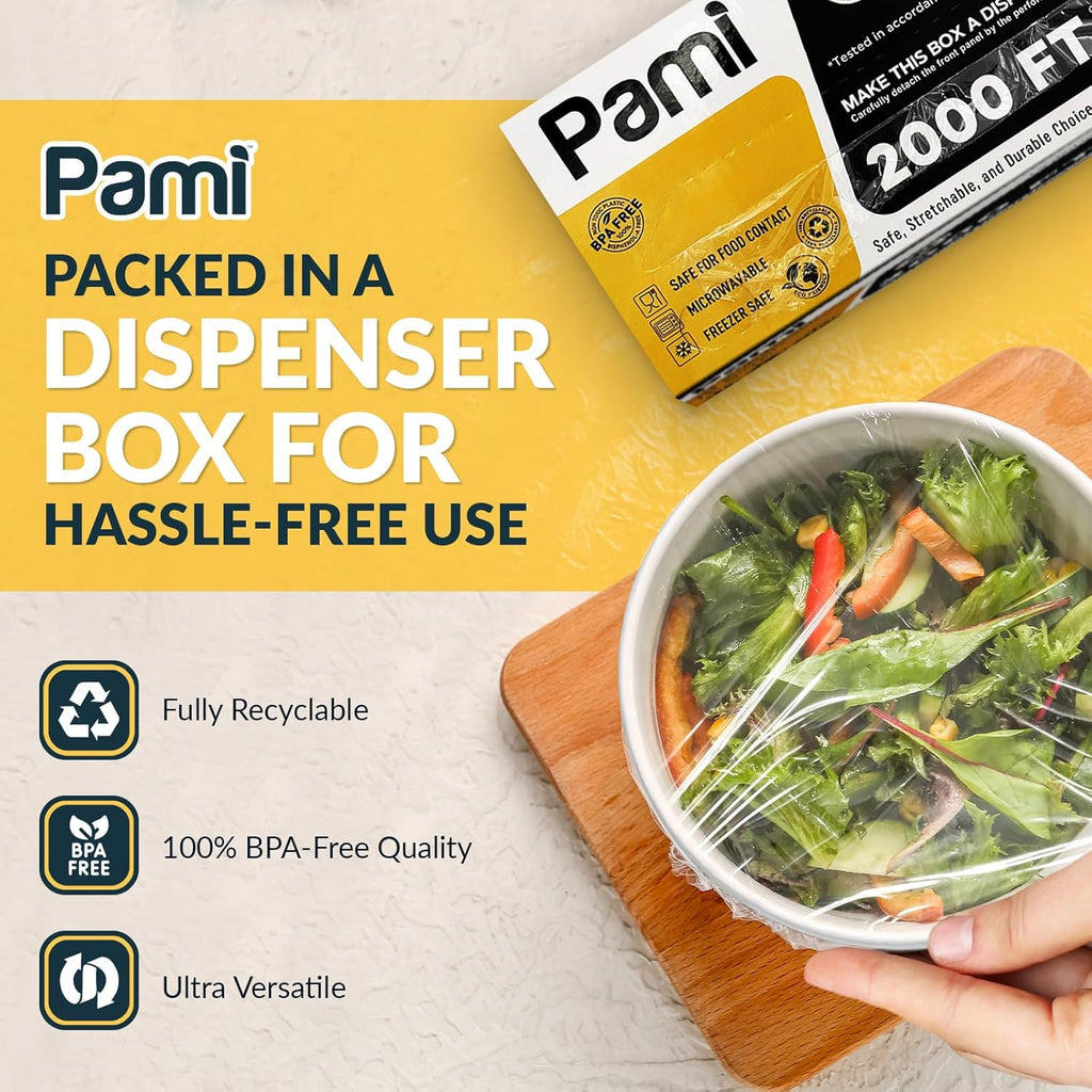 PAMI 24"X2000ft Clear Plastic Cling Wrap for Food, Bulk Commercial Food Wrap with Dispenser, Bpa-Free, Microwave & Freezer Safe