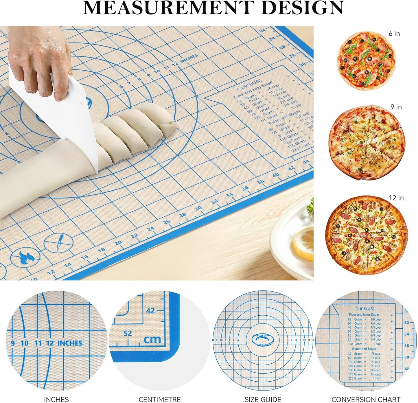 Silicone Baking Mat,28in×20in & 16in×12in Pastry Mat,Measuring Non-slip Dough mat Mats for Baking,Kneading Dough,Table Mats Blue (2Pack)