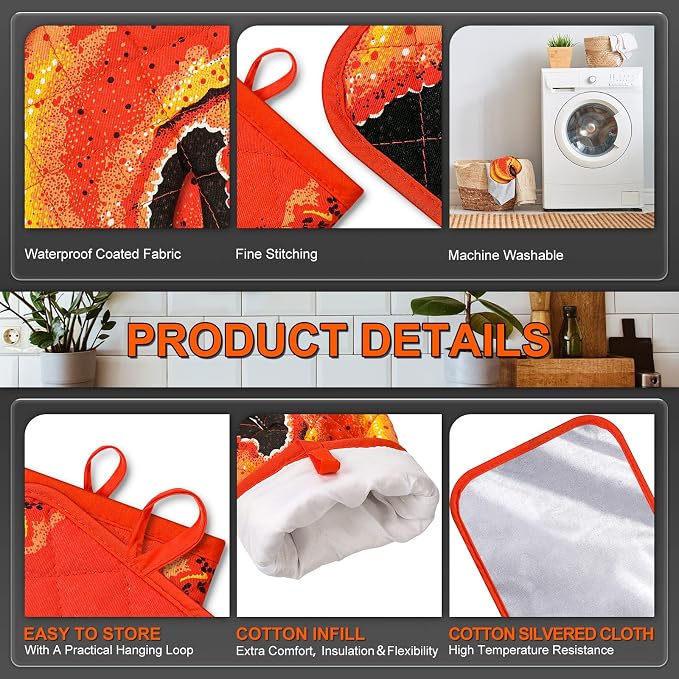 4 Pcs Lobster Claw Oven Mitts and Pot Holders Quilted Cotton Lining Design Heat - Image 3