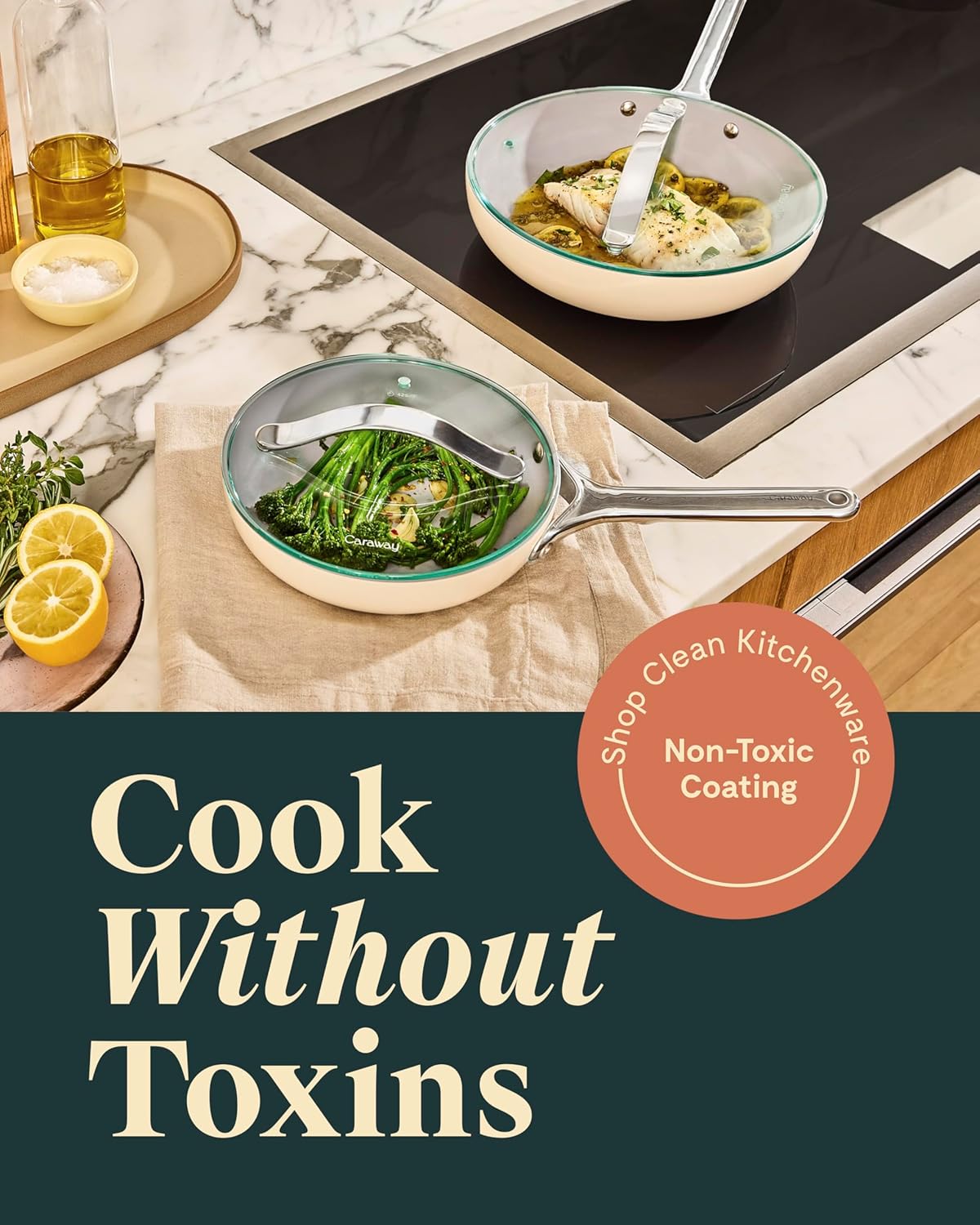 Caraway Ceramic Nonstick Fry Pan Set with Glass Lids – Includes Two 10.5” Fry Pans, One 8” Fry Pan, & Three Lids - Non Toxic, PTFE & PFOA Free - Oven Safe & Compatible with All Stovetops - White