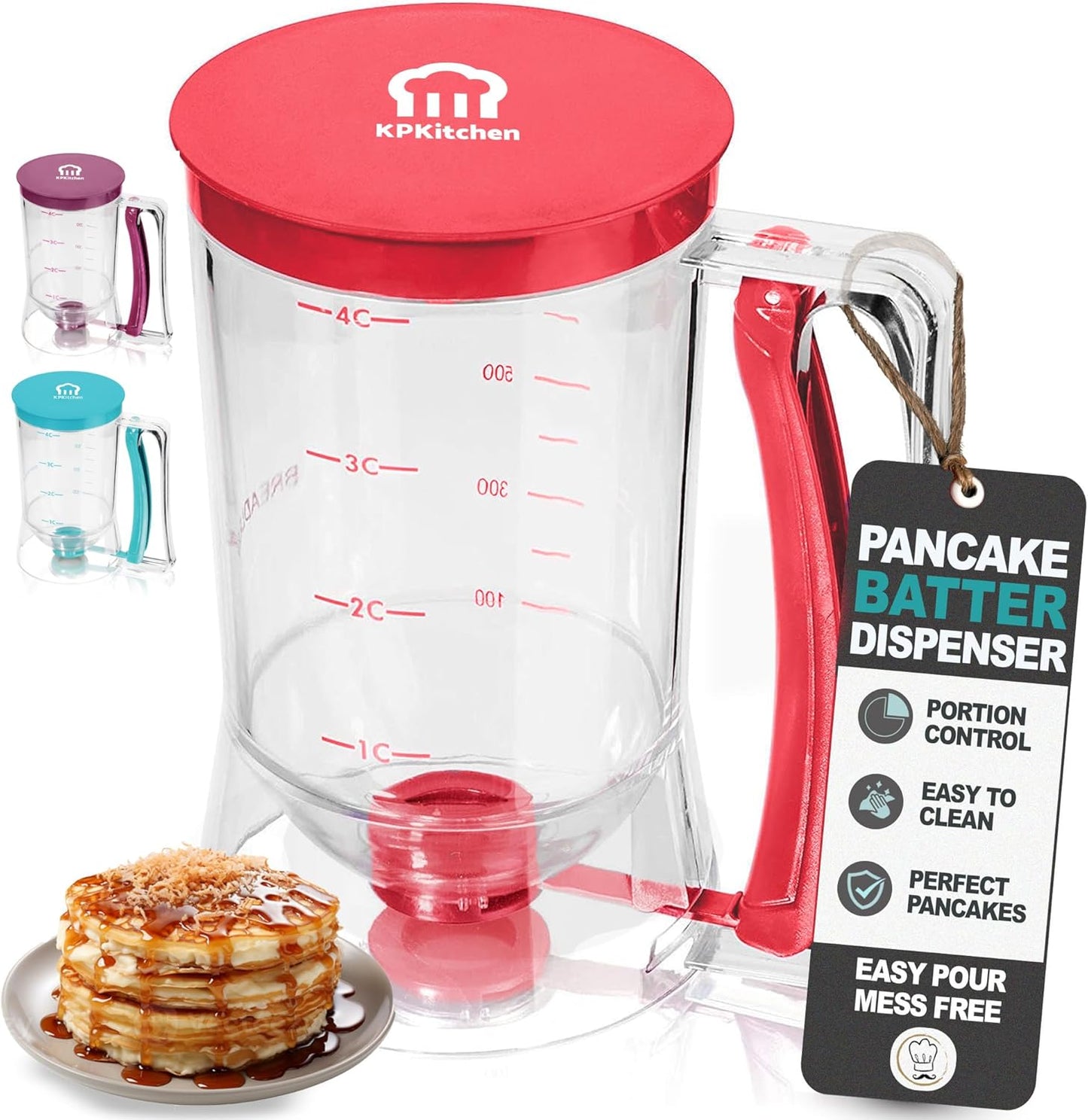 Pancake Batter Dispenser - Kitchen Must Have Tool for Perfect Pancakes, Cupcake, Waffle, Muffin Mix, Cake & Crepe - Easy Pour Baking Supplies for Griddle - Pancake Maker with Measuring Label (Red)