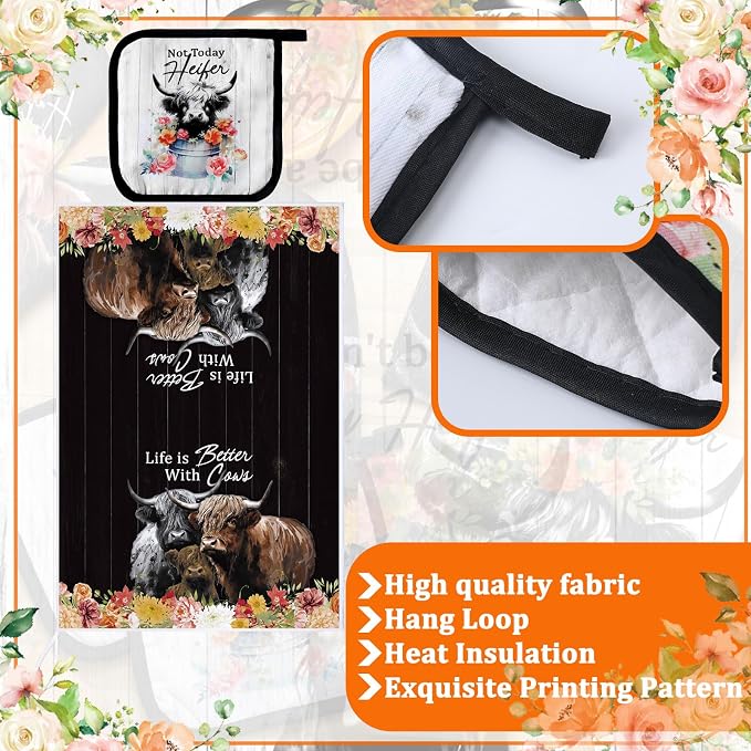 Bencailor 6 Pcs Cattle Kitchen Towels Oven Mitts and Pot Holders Set Decorative - Image 5