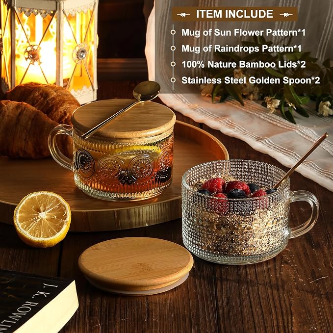 Vintage Coffee Mugs, Overnight Oats Containers - 14oz Clear Embossed Glass Cups - Image 2