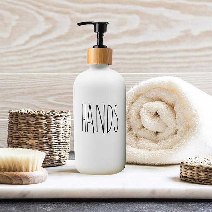 Sunrise Premium 16 OZ Thick White & Black Glass Soap Dispenser, Bamboo Pump - Image 6