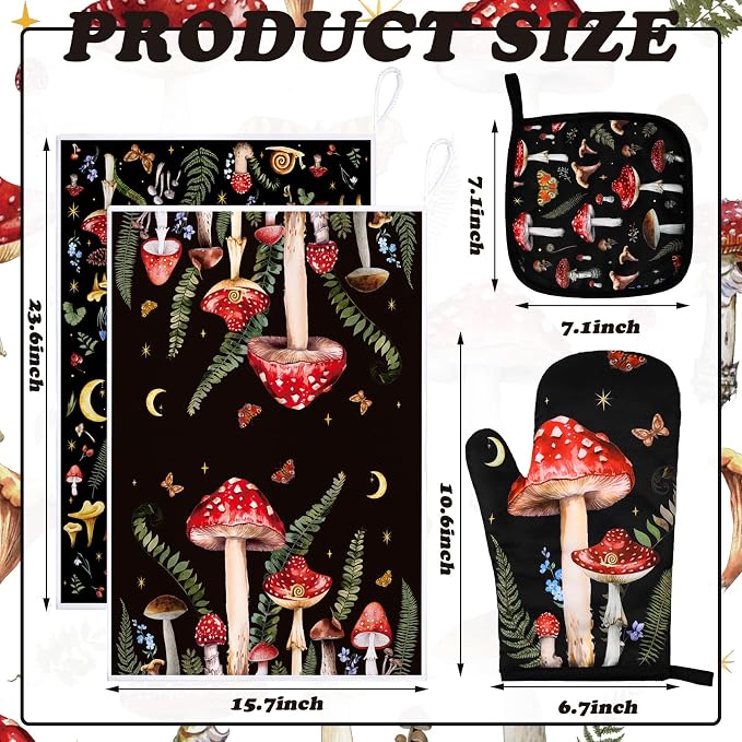 Bencailor 6 Pcs Mushroom Kitchen Towels Oven Mitts and Pot Holders Set - Image 3