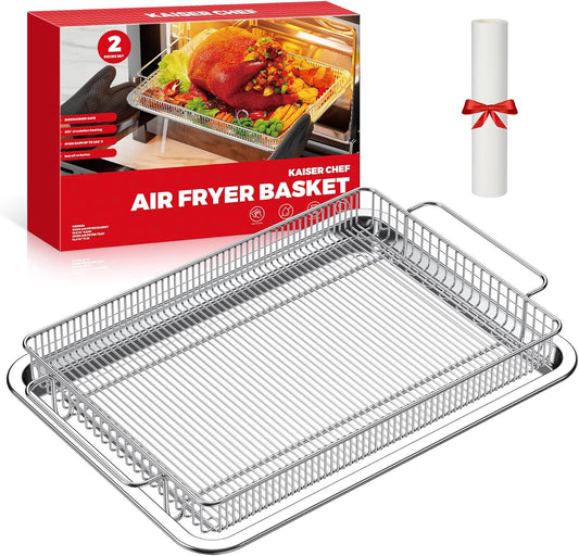 Air Fryer Basket for Oven,Air Fryer Basket and Stainless Steel Baking Tray Pant Oven with 50 Sheets Parchment Papers,Air Fryer Pan Rack for Cooking Baking Dishwasher and Broiling (1 Set M)