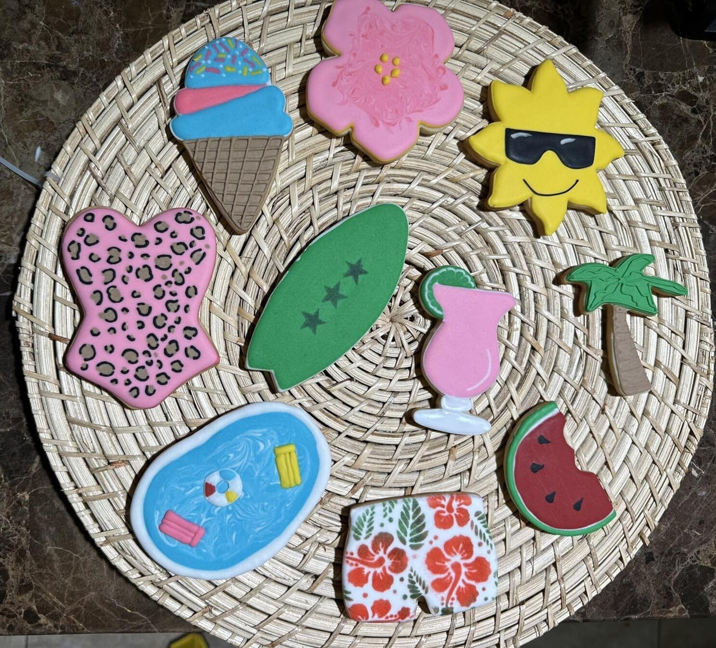 Beach Cookie Cutter Set-9 Piece-Flip Flop, Sunglasses, Sun, Ice Cream, Palm Tree, Bathing Suit, Tropical Flower, Surfboard-Diswasher Safe-Summer Cookie Cutters Shapes for baking