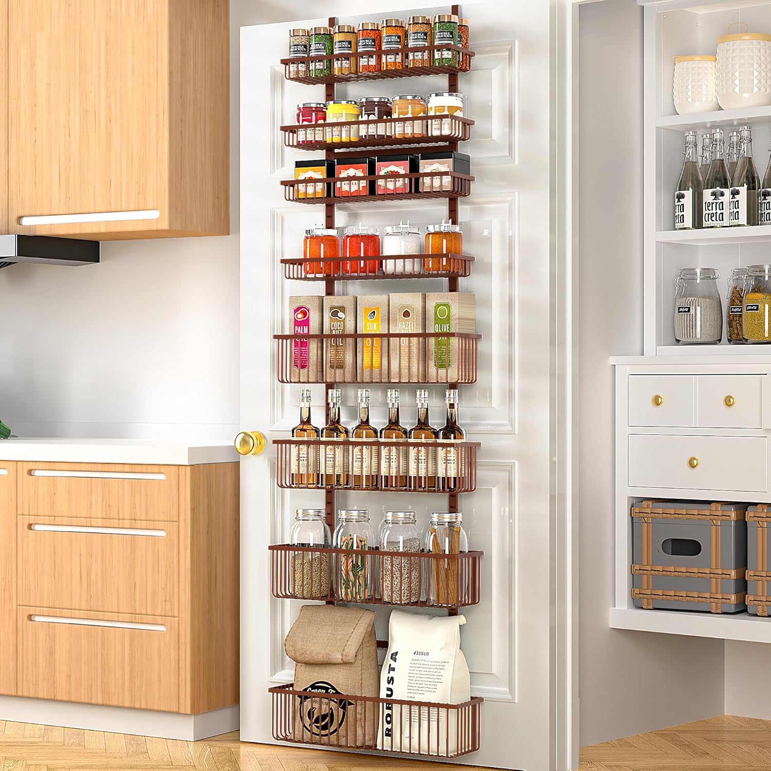 Moforoco Over The Door Pantry Organizer, Pantry Door Organizer Shelves, Kitchen Organizers and Storage, Hanging Basket Wall Spice Rack Seasoning Shelves, Laundry Room Bathroom accessories（Brown ）