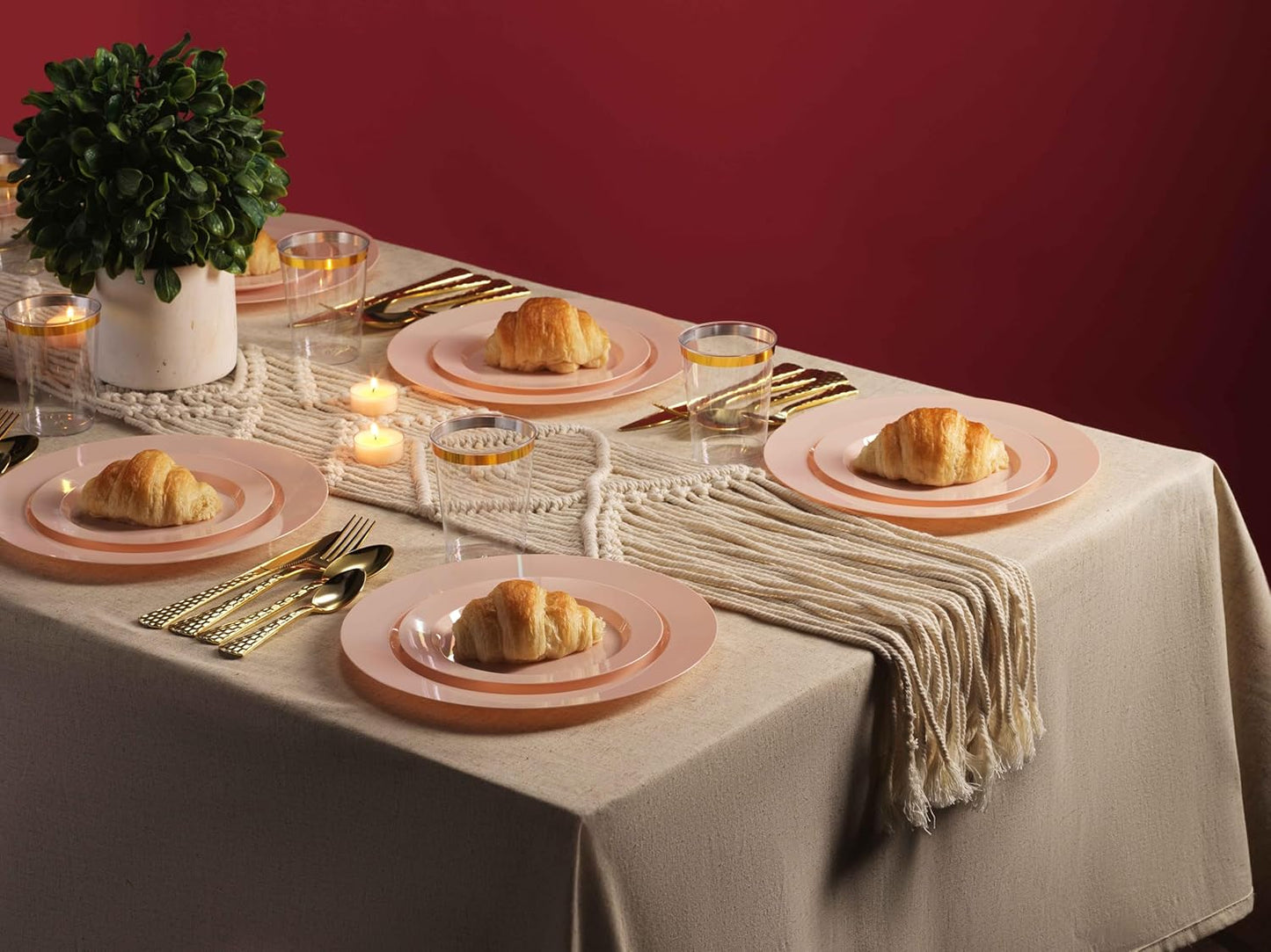 Munfix 100 Pink Plastic Plates Set, 50 Pcs 10 Inch Plastic Dinner Plates and 50 Pcs 7 Inch Plastic Dessert Plates, Elegant Fancy Heavy Duty Disposable Plates for Party, Wedding, Pink