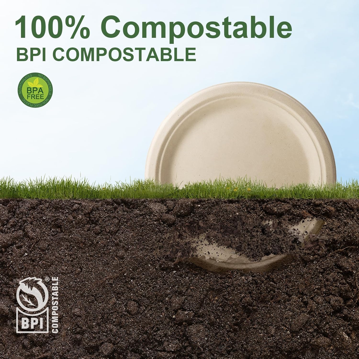 WELLIFE 100% Compostable Paper Plates 9 Inch, 125-Pack Heavy Duty Paper Plates Bulk,Biodegradable Bagasse,Eco-Friendly Disposable Dinner Plate for BBQ,Picnic,Party (BPI Certified,Microwaveable)