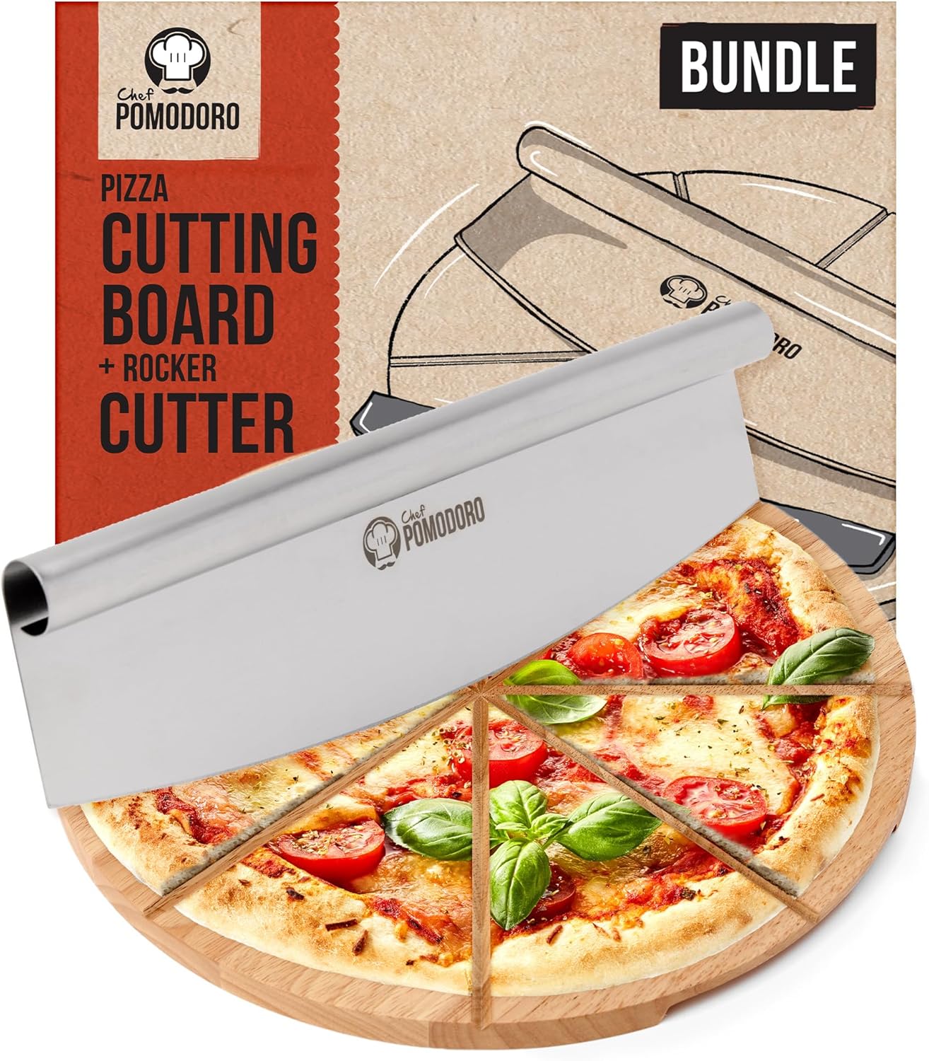 Chef Pomodoro 14" Pizza Cutter Rocker Blade and Pizza Cutting Board Set – Premium Stainless Steel Pizza Slicer with Wooden Pizza Serving Board – Pizza Wooden Board with Pizza Cutting Guide