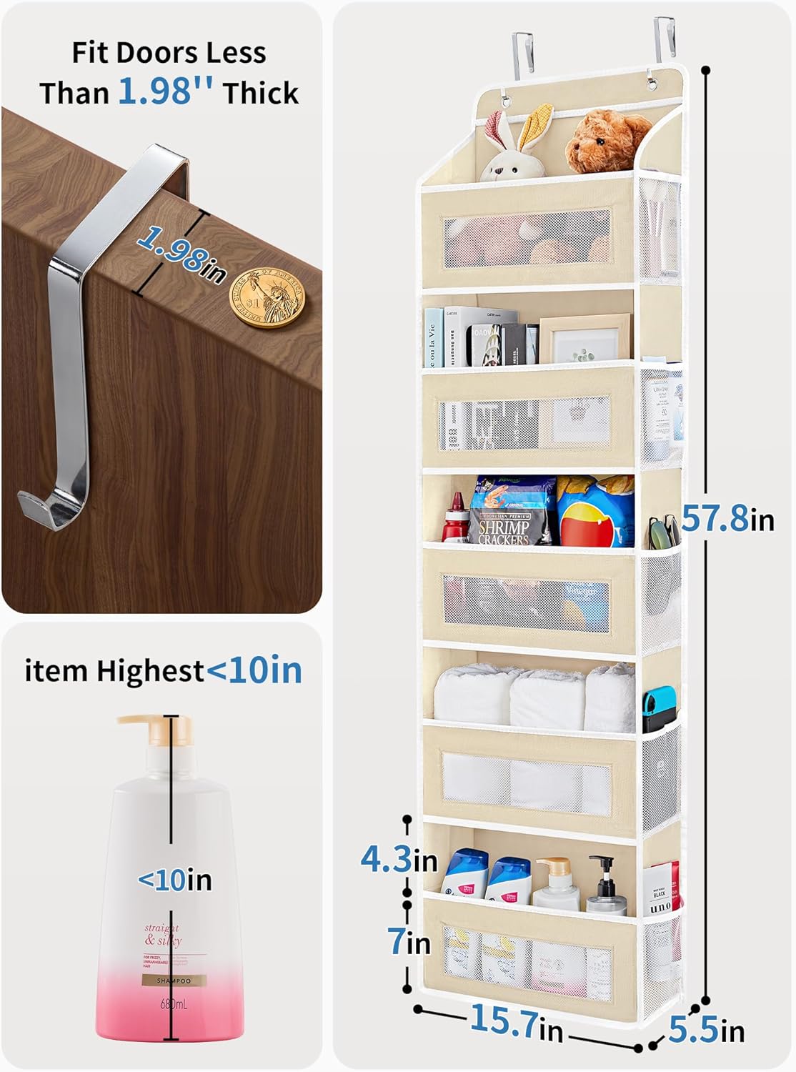 JARLINK 2 Pack Over The Door Organizer Storage, 5 Shelf Hanging Door Organizer with 5 Large Capacity Pockets, Anti Tilt 44 lb Load Behind Door Storage for Bedroom, Bathroom, Pantry, Nursery, (Beige)
